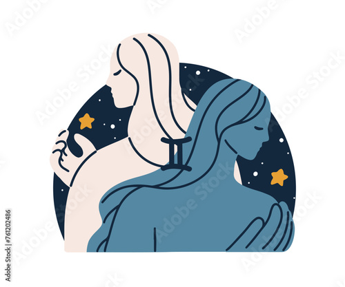 Gemini, Zodiac sign. Twins, astrology couple, pair symbol, horoscope icon. Two women, star constellation, celestial sticker. Flat graphic vector illustration isolated on white background