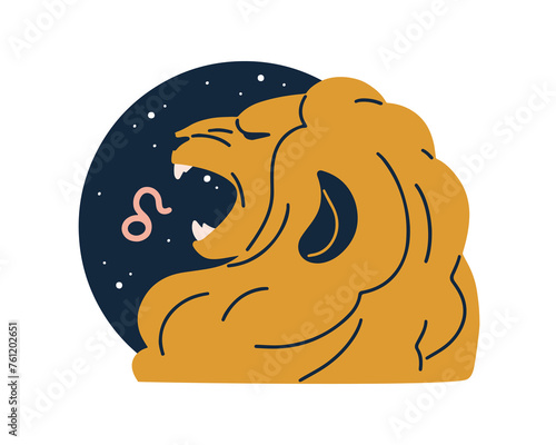 Leo, zodiac sign. Lion, horoscope symbol. Astrological animal sticker, celestial icon. Star constellation character, sky. Esoteric flat graphic vector illustration isolated on white background