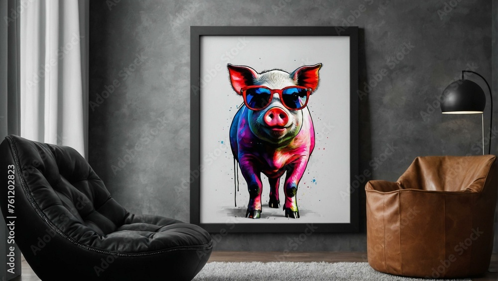 The crisp modern room is enhanced by a vibrant, abstract pig painting, lending a whimsical yet stylish accent - obrazy, fototapety, plakaty 