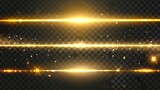 Realistic modern illustration set of golden flare burst with beams. Magic shiny neon shimmer strip with sparkle on transparent background.