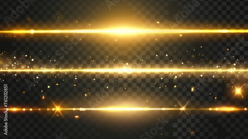 Realistic modern illustration set of golden flare burst with beams. Magic shiny neon shimmer strip with sparkle on transparent background. photo
