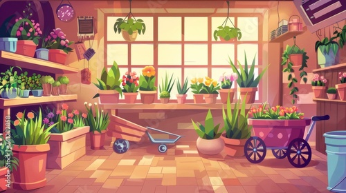 This is a cartoon modern illustration of an interior of a flower shop with plants in pots and vases, a window, a cashier, and a garland on a wooden rack and shelf. This pattern has a wheelbarrow on photo
