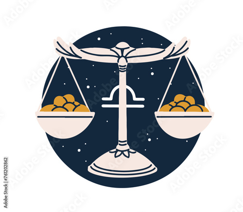 Libra, Zodiac sign, round sticker. Astrological scales constellation, horoscope balance symbol, star sky. Celestial icon. Esoteric flat graphic vector illustration isolated on white background