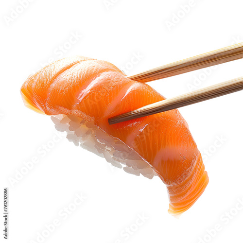 Perspective view of a piece of salmon being held up with chopsticks right side, isolated on transparent background