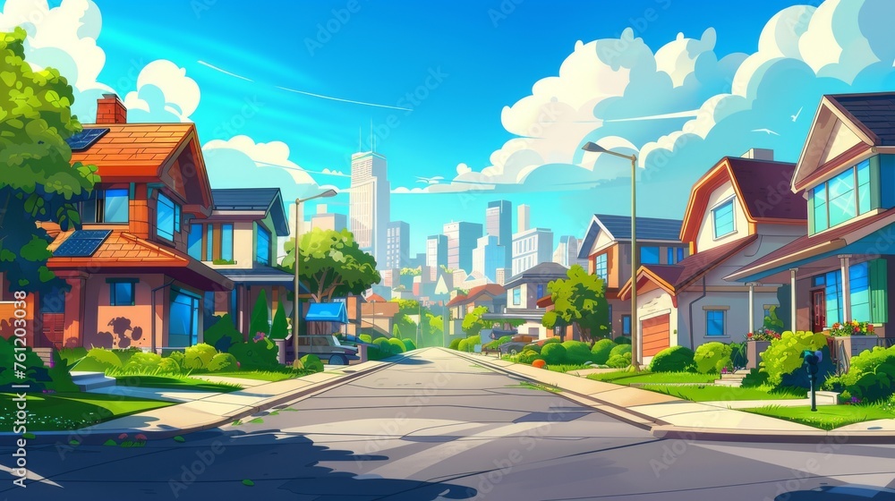 An urban street in the suburbs with skyscrapers on the horizon and houses along a rural alley. Modern illustration of cozy houses along a rural alley under blue skies, green lawns and bushes, and a