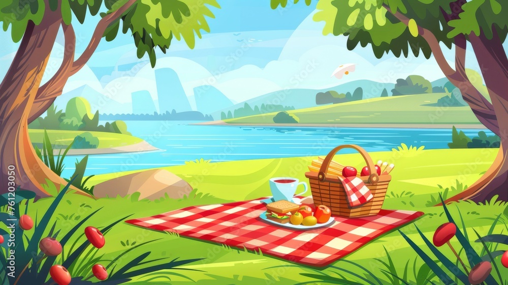 A summer picnic setting with a wicker basket, red blanket, coffee, sandwiches, and fruit under trees along the lakeshore with a cartoon summer landscape.
