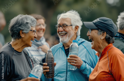 a group of happy senior people in sporting , standing together and laughing with each other at the park. In their hands they hold water bottles