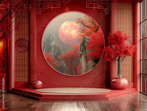 Red round podium with traditional Chinese painting backdrop and red Chinese interior studio scene, for advertising poster, product display scene and product presentation. 