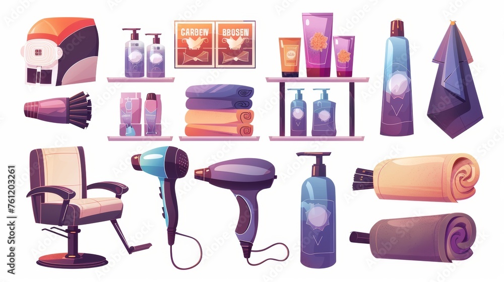 Isolated white background modern illustration of hairdresser armchair, hair dryer, dye, clean towels, shampoo bottle, and haircut posters.