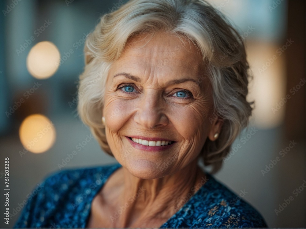 A portrait of a senior woman with a warm, genuine smile and captivating blue eyes, expressing joy and contentment A portrait of a senior woman with a warm, genuine smile and captivating blue eyes, expressing joy and contentment