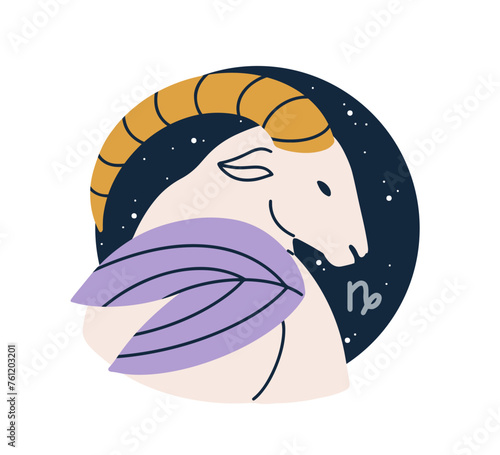 Capricorn, astrological zodiac sign. Horned goat animal, horoscope symbol, star sky. Capricornus, celestial esoteric sticker, icon. Flat graphic vector illustration isolated on white background