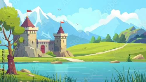 This modern illustration shows a medieval castle surrounded by water, mountains, green grass with a flag on top, a tree near a footpath, and blue skies.