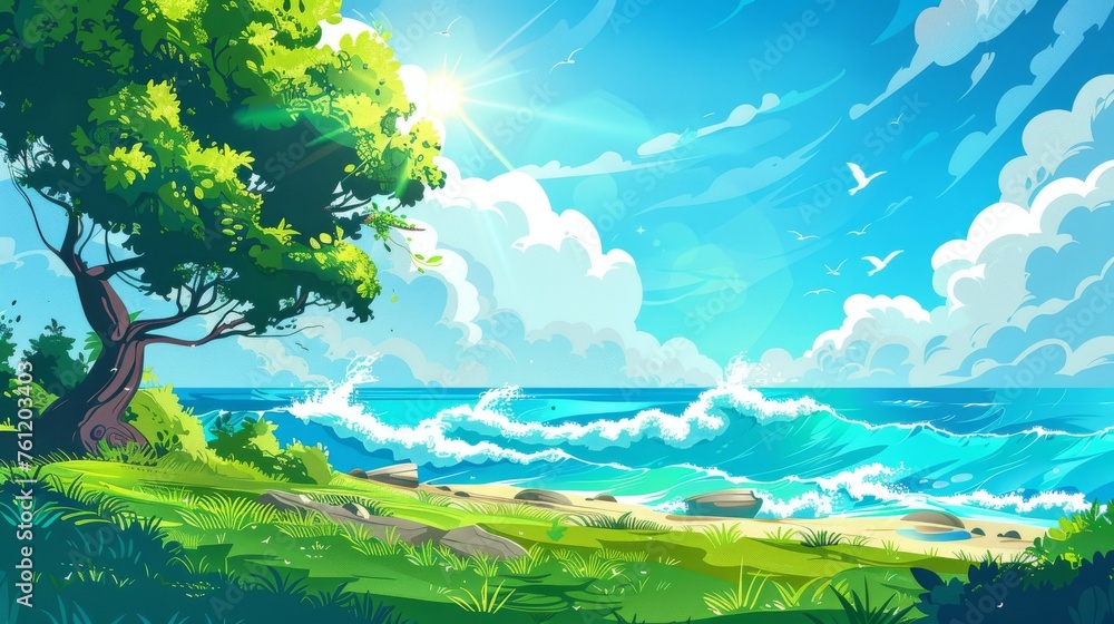 An illustration of a summer park on the seacoast. A stormy wave on the water, waves crashing into the sand, sun shining brightly, fluffy clouds floating overhead, birds flying in the blue sky.