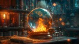 Enchanted Glass Globe with Flames in a Library, This image would be well-suited for use in a variety of contexts