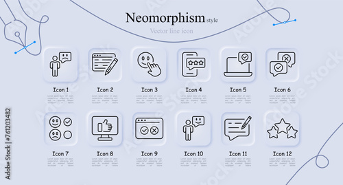 Feedback line icon set. Bad review, monitor, stars, rating, application, comment, emoji, website, phone. Neomorphism style. Vector line icon for Business