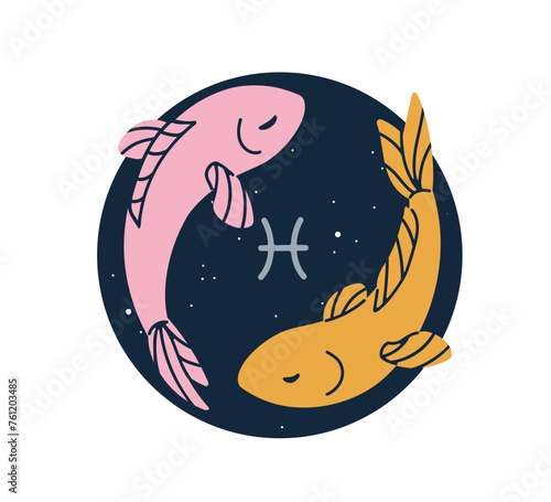 Pisces, two fishes, astrological icon. Zodiac sign, horoscope symbol, esoteric celestial sticker, fish constellation. Flat graphic vector illustration isolated on white background
