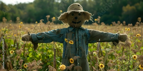 Scarecrow standing in a field to protect crops from birds. Concept Farm, Scarecrow, Crops, Field, Birds
