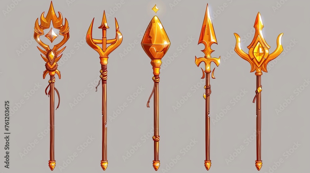 Set of golden trident staffs isolated on a white background. Modern cartoon illustration showing a wooden stick with an iron weapon tip and yellow gemstones on it, along with a progress symbol and a Set of golden trident staffs isolated on a white background. Modern cartoon illustration showing a wooden stick with an iron weapon tip and yellow gemstones on it, along with a progress symbol and a