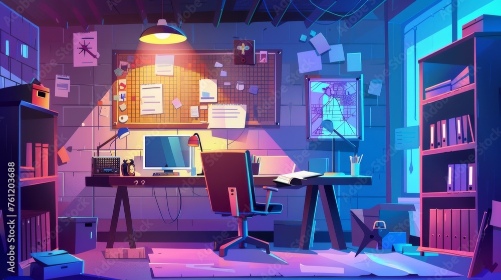 At night, an interior of a detective office or police station is seen