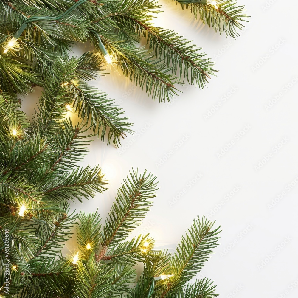 The soft, warm glow of golden Christmas lights brings a cozy and inviting atmosphere to the holiday season, intertwined in rich green pine branches against a pure white background The soft, warm glow of golden Christmas lights brings a cozy and inviting atmosphere to the holiday season, intertwined in rich green pine branches against a pure white background