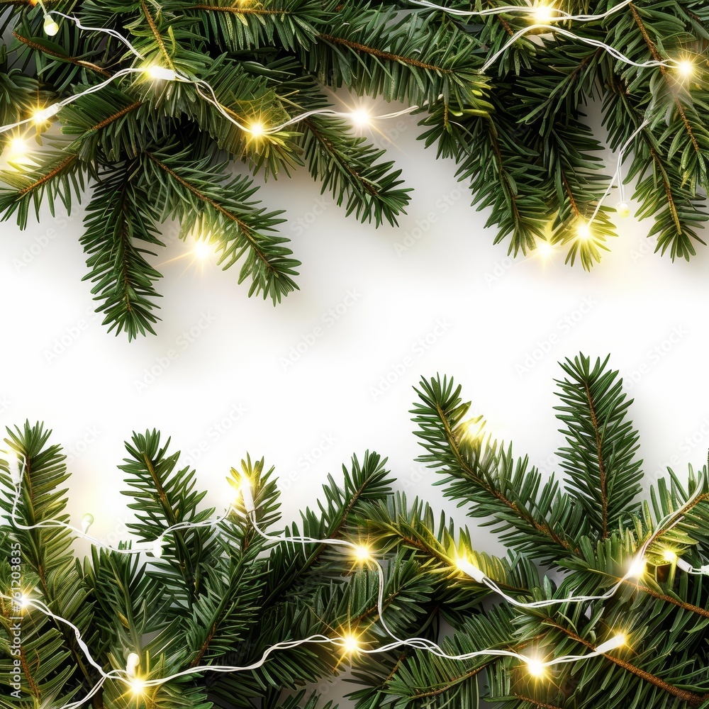 The soft, warm glow of golden Christmas lights brings a cozy and inviting atmosphere to the holiday season, intertwined in rich green pine branches against a pure white background