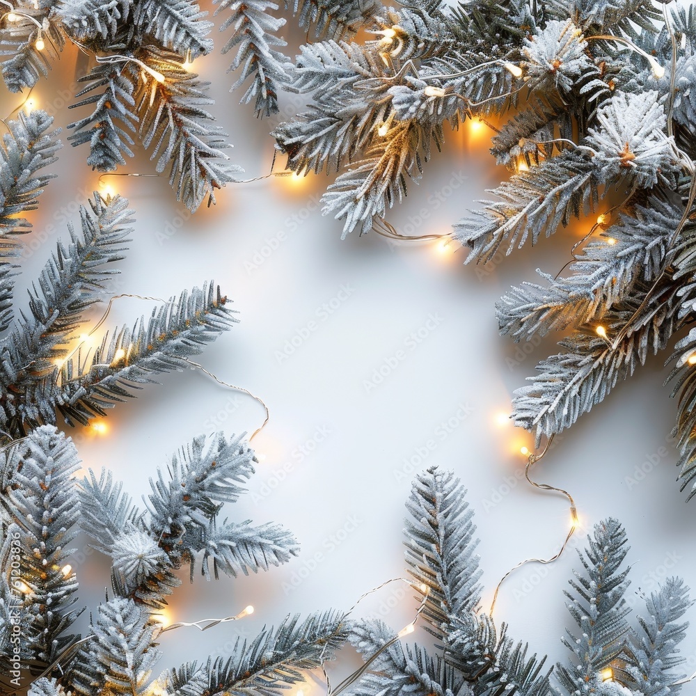 A dreamy white Christmas scene featuring silver-dusted fir branches, entwined with golden twinkling lights, laying upon a soft snowy background. A dreamy white Christmas scene featuring silver-dusted fir branches, entwined with golden twinkling lights, laying upon a soft snowy background.