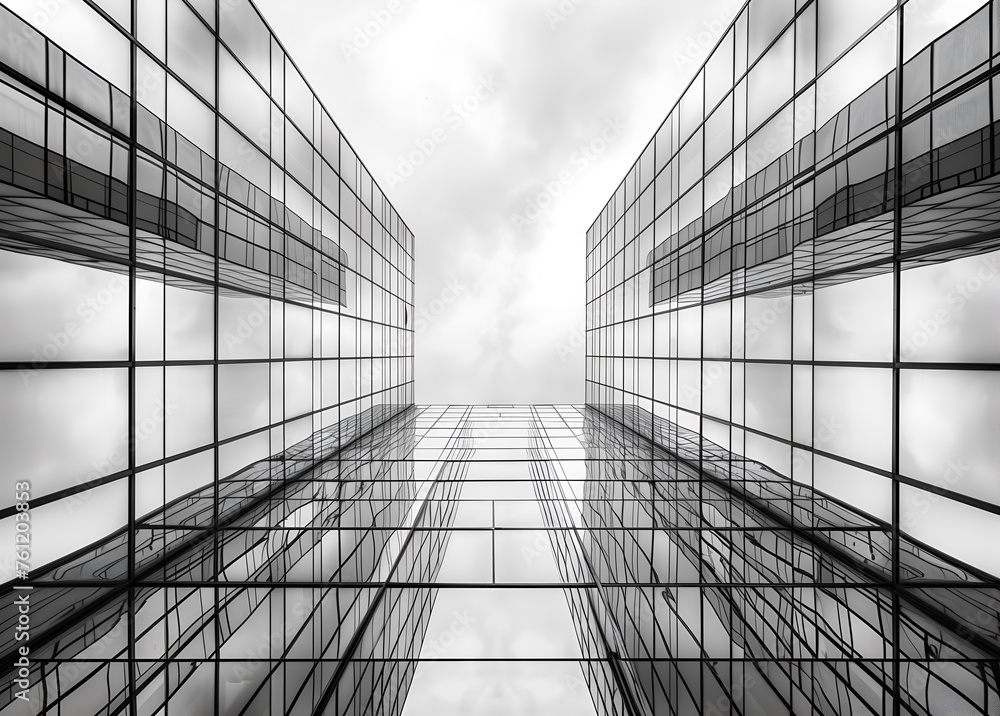 wide angle shot of modern glass skyscraper buildings with symmetrical grid patterns, minimalist style and symmetry composition