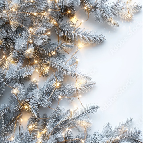 A dreamy white Christmas scene featuring silver-dusted fir branches, entwined with golden twinkling lights, laying upon a soft snowy background.