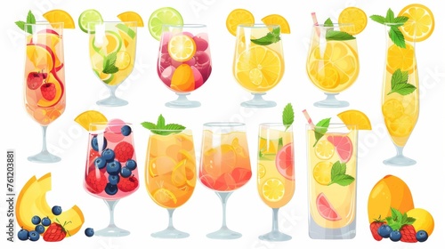 Modern cartoon illustration of lemonade, alcohol, soda drinks with lemon, mango, berries and mint leaves, party menu beverages. photo