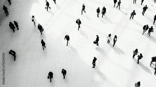 An overhead view of a group of people wandering through an open space. The scene is set in a city, and the people appear to be going about their daily activities.