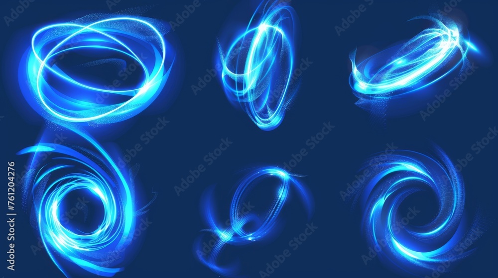 Waved neon lights with swoosh effects. Realistic modern illustration set of glowing swirl lines. Flare circular and vortex spins. Abstract 3D glow twirling trail. - obrazy, fototapety, plakaty 