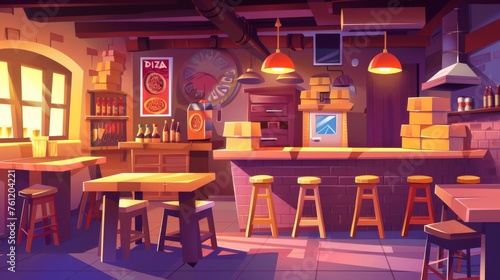 The interior of a pizza restaurant includes tables and chairs, stacks of cardboard boxes for delivery, food and drinks. Cartoon modern illustration of the room of a pizza restaurant.