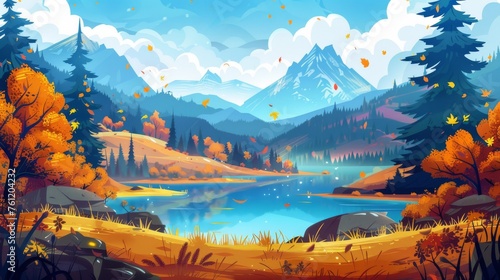 Illustration of blue lake in autumn mountain valley with trees around it, yellow grass and bushes on the hills, golden leaves flying in the wind, cloudy cold sky, beautiful scenery. © Mark