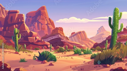 In the Arizona desert, brown rocks and sand dune hills are dotted with green cactus, grass, and camels on sunset and sunrise. A cartoon scene with wild cacti and animals in the desert is accompanied photo