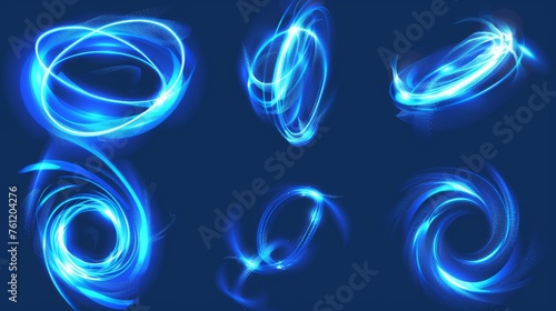 Waved neon lights with swoosh effects. Realistic modern illustration set of glowing swirl lines. Flare circular and vortex spins. Abstract 3D glow twirling trail. photo