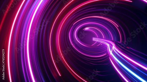 Abstract neon red and purple rays moving rapidly in a circular motion, with a black background. Modern realistic illustration of space travel route perspective and explosion energy warp in neon red
