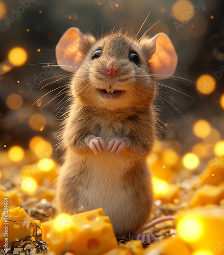 Cute little mouse stands on hind legs on the cheese in the cheese forest