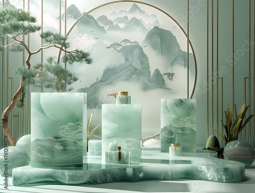 Various green jade column podium with Chinese land scape painting in Chinese interior studio scene,  for advertising poster, product display scene and product presentation.  photo