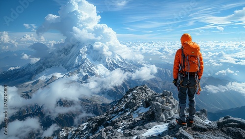 Climber reaching the summit, vast landscape below, sense of achievement
