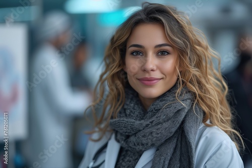 A young attractive woman with wavy hair and a warm scarf smiles casually in an outdoor urban setting