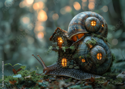 Snail house in the forest. A giant snail carrying a small house on its back