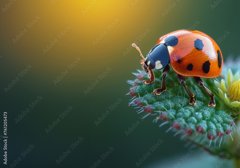Fototapeta premium Ladybug on green leaf. A beautiful lady bug in the garden
