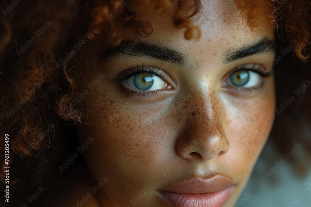 Warm, engaging close-up of a woman with vivid green eyes, curly hair, and freckled skin basking in soft lighting Warm, engaging close-up of a woman with vivid green eyes, curly hair, and freckled skin basking in soft lighting