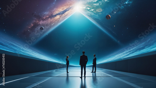  three people standing in a space station looking at the stars