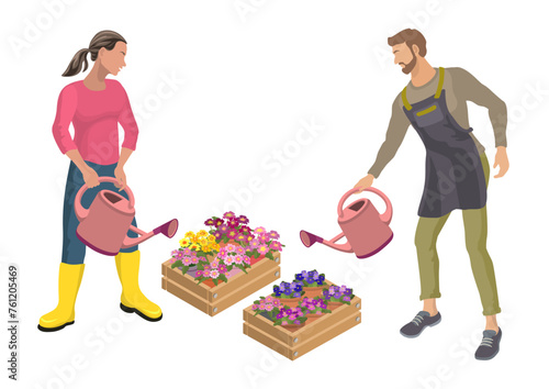 A young man and woman in a greenhouse workers take care of home plants in a box. People water flowers from a watering can. Isometric people. Flower shop sellers. 3D Isometric vector illustration.