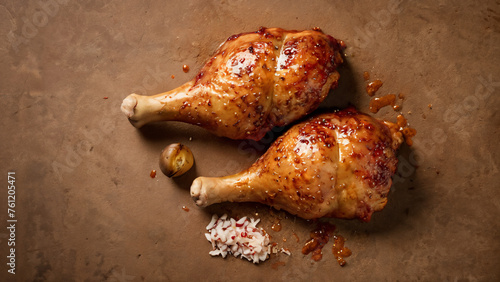 two chicken legs on a table with a piece of rice,