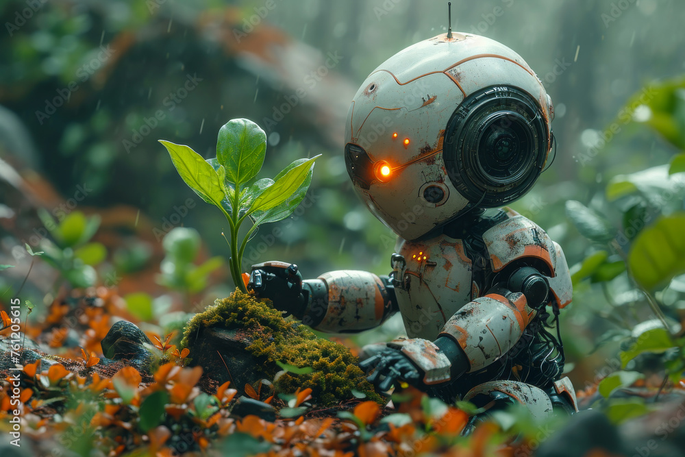 Cyborg and plant in forest. A robot looking at the green sprout Cyborg and plant in forest. A robot looking at the green sprout
