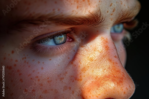 Detailed image capturing the intense blue eyes and freckles of a person