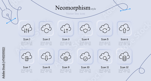 Cloud storage line icon set. Smartphone, settings, checkmark, saving, information, synchronization, files, data. Neomorphism style. Vector line icon for Business