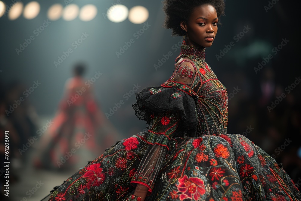 Model in an intricate floral dress on the catwalk at a fashion show